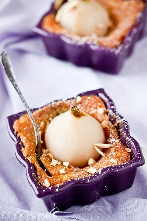 Poached Pear Almond Souffle Cakes