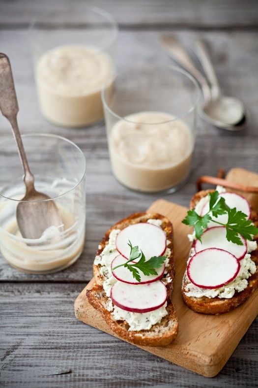 Roasted Vegetable Soup & Herb Goat Cheese Tartines