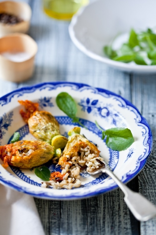 Wild Rice & Feta Stuffed Squash Blossoms