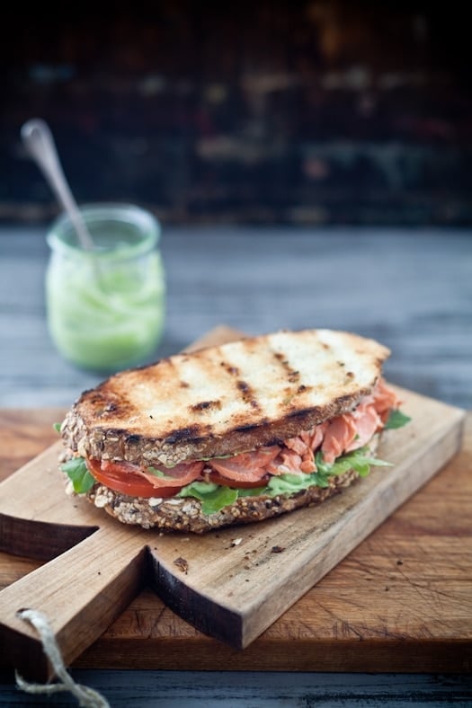 Grilled Salmon Sandwich With Pesto & Avocado Spread