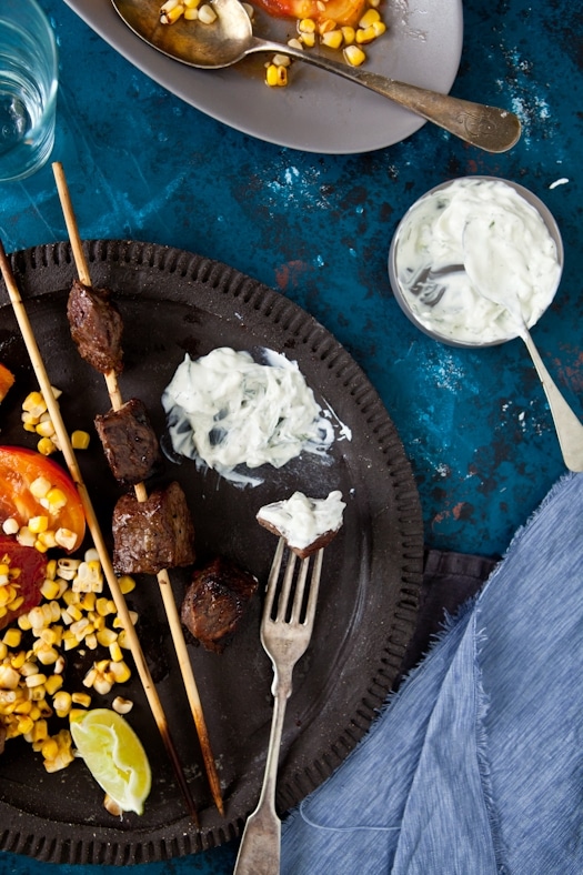 Lamb Skewers With Tomato & Corn Salad