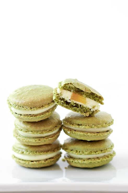 Matcha And Peach Pate de Fruit Macarons