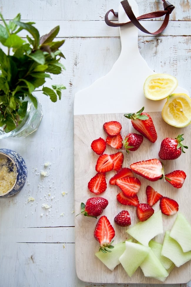 Strawberries & Honeydew Melon With Lemon Sugar & Mint