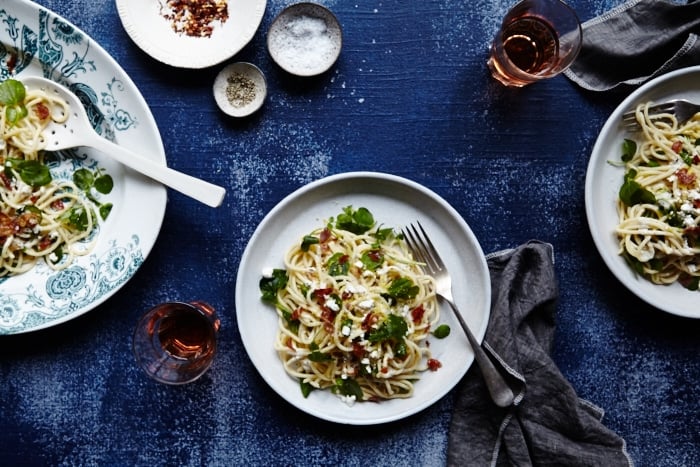 Watercress, Pancetta & Goat Cheese Spaghetti