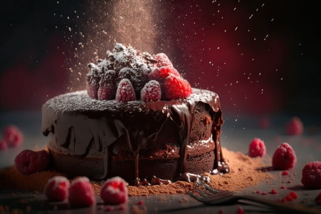 Premium Photo | A black background with a slice of chocolate cake with  chocolate icing and the words chocolate cake on it